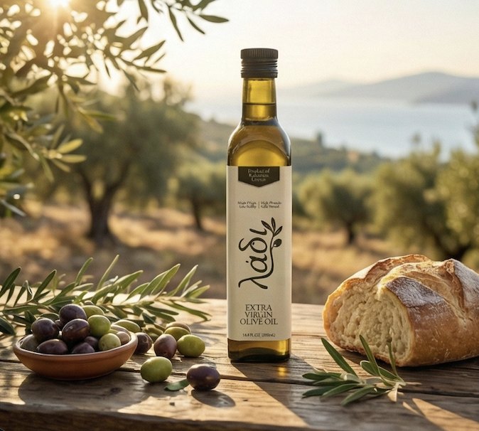 A bottle of λάδι with bread and olive branches on a table above the sea