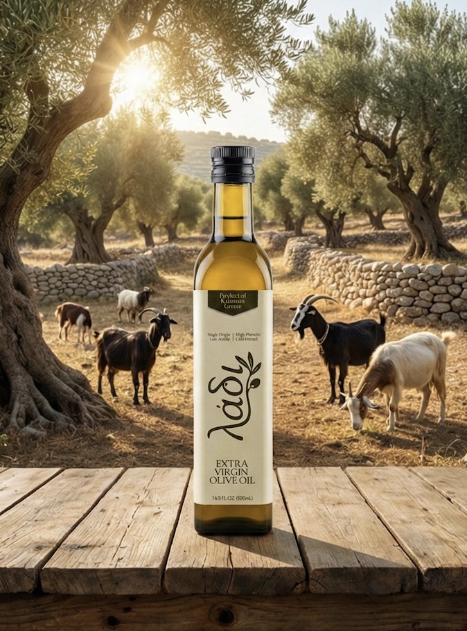 Goats grazing among old olive trees
