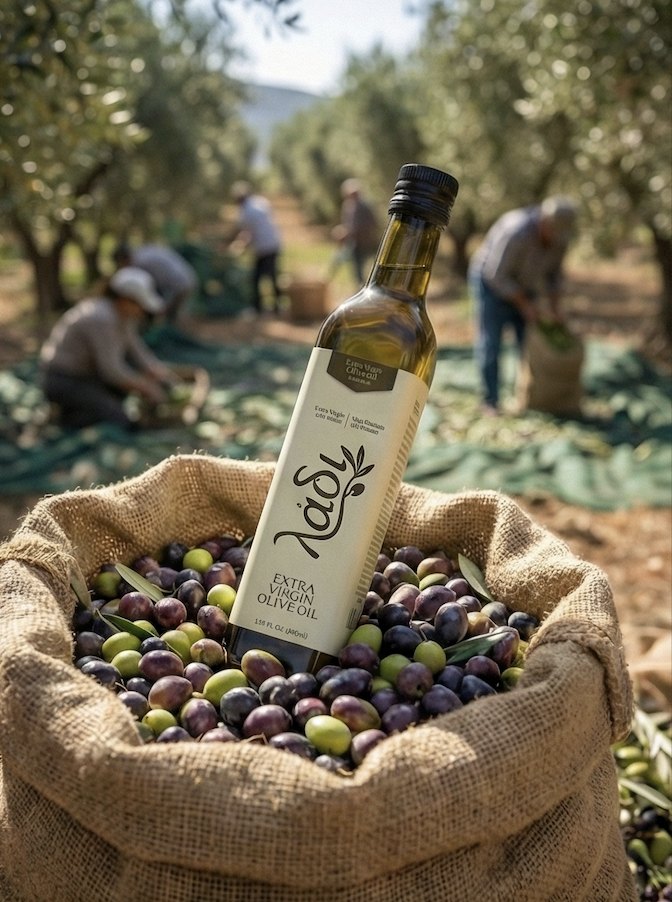 Freshly harvested olives collected in a burlap sack