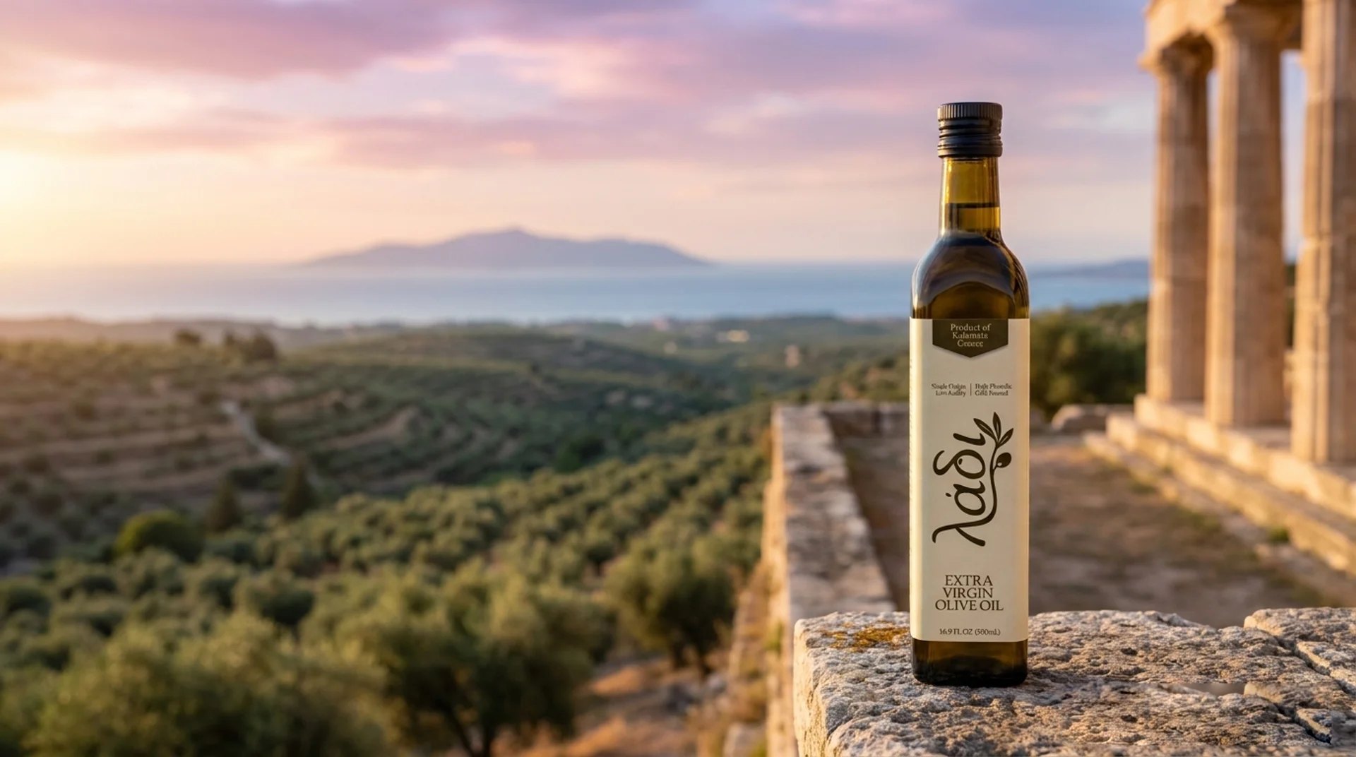 A bottle of λάδι on an ancient stone wall above terraced olive groves and the sea at sunset