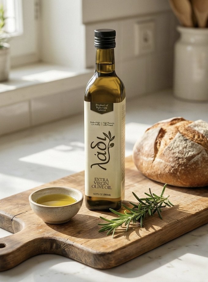 Crusty bread and a bowl of olive oil on a wooden board