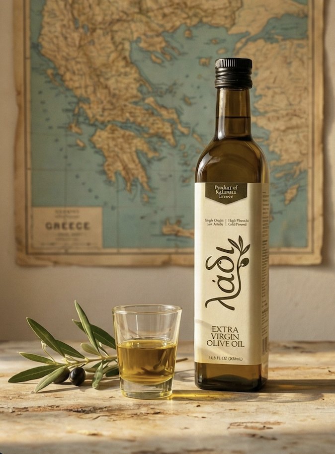 A bottle of λάδι and a glass of olive oil beside a vintage map of Greece