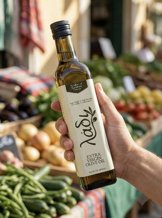 A bottle of λάδι held at a Greek produce market