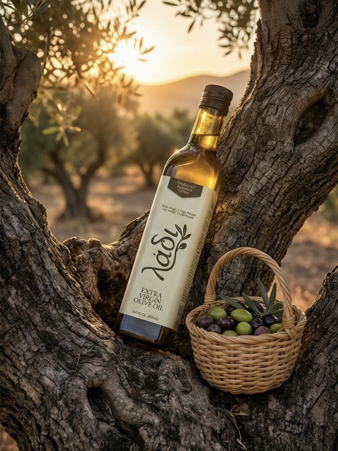 Ancient olive tree at golden hour with a harvest basket