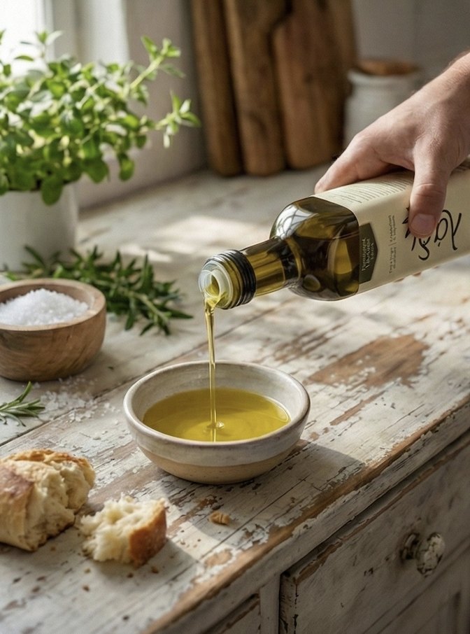 Golden-green olive oil poured into a bowl beside bread