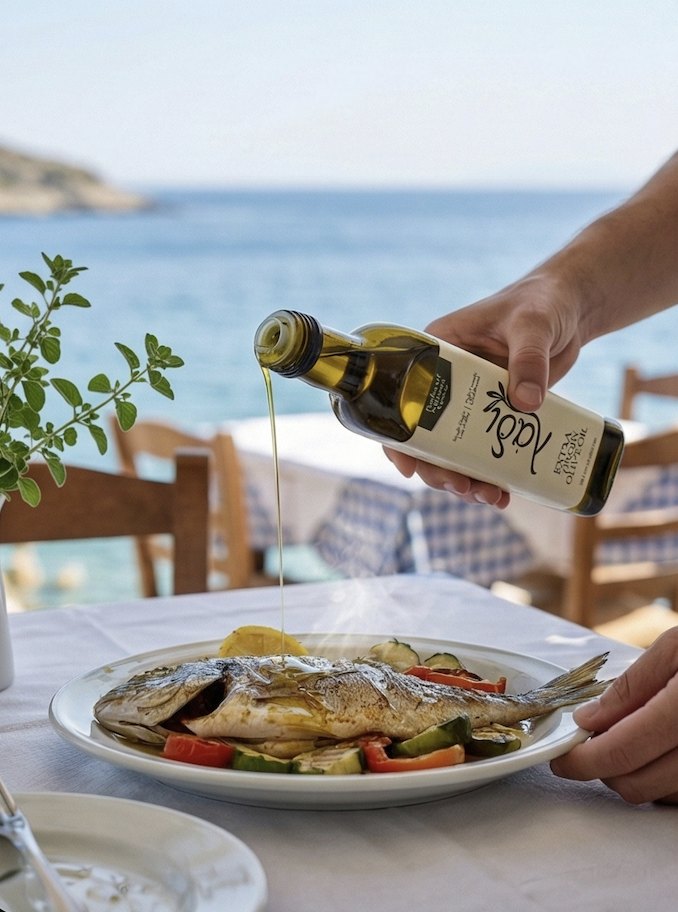 Olive oil being poured over grilled fish at a seaside table