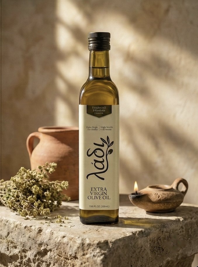 Rustic still life with olive oil, herbs and an oil lamp