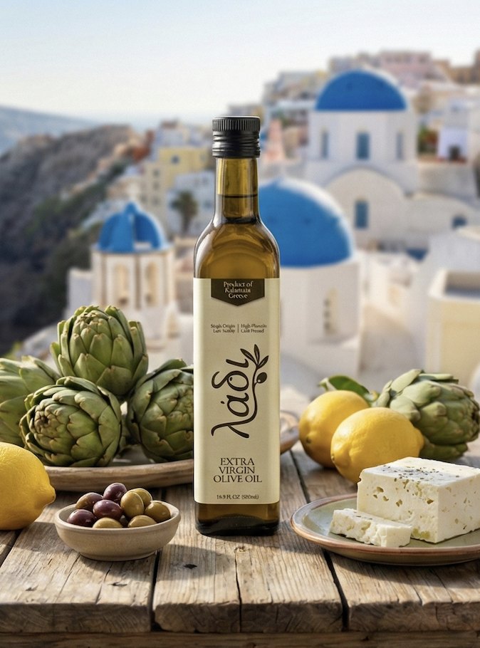 Greek table with feta, lemons and artichokes above blue-domed rooftops