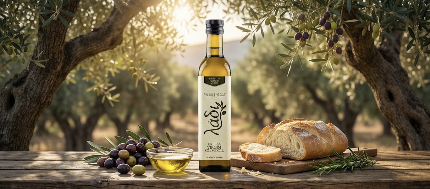 Bread, olives and a bowl of olive oil on a table in an olive grove