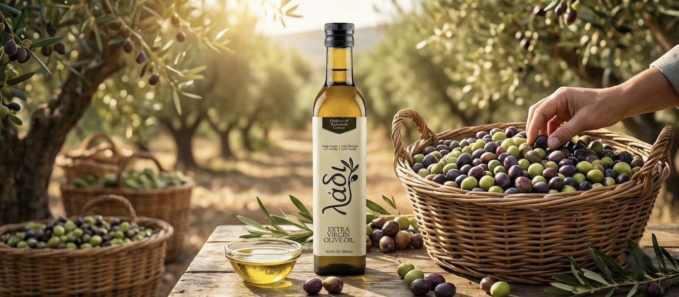 Baskets of freshly harvested olives in a Kalamata grove